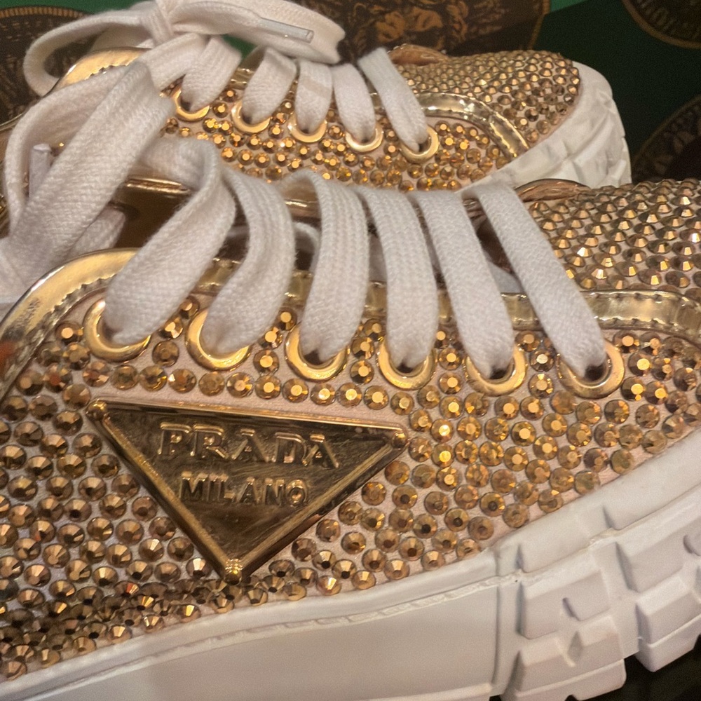 Prada Double Wedge Gold Crystal Women's Sneakers, Size 37, worn once - Picture 2 of 7